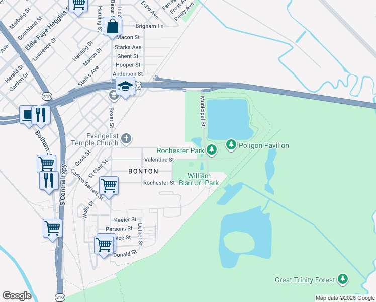map of restaurants, bars, coffee shops, grocery stores, and more near 3030 Dorris Street in Dallas