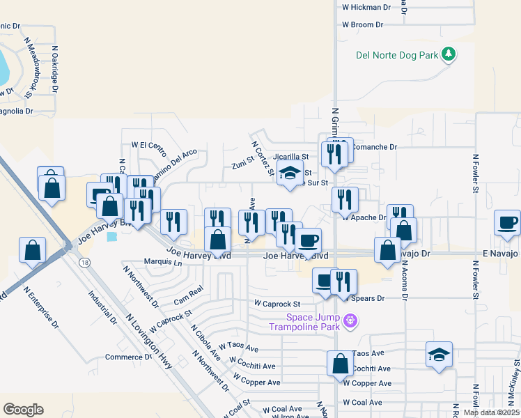 map of restaurants, bars, coffee shops, grocery stores, and more near North Central Avenue in Hobbs