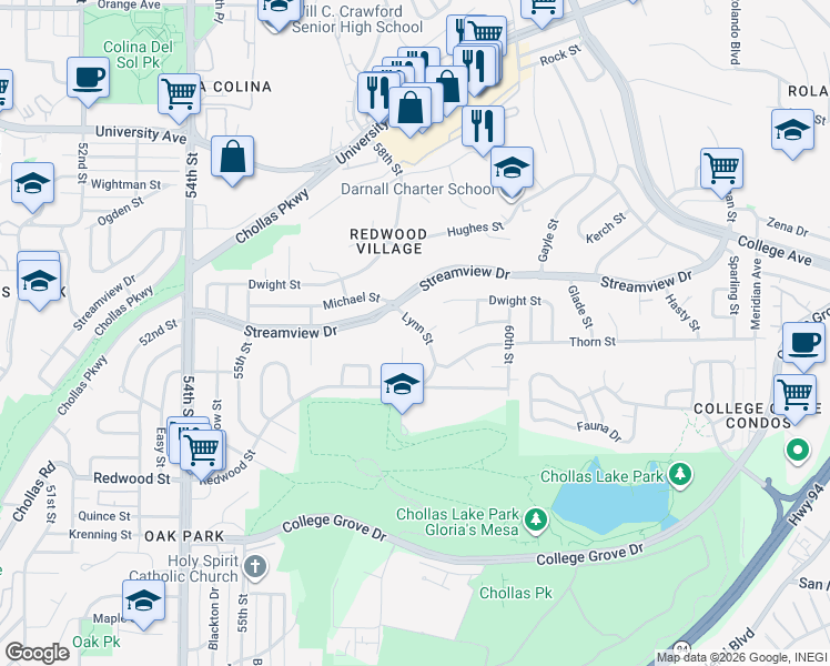 map of restaurants, bars, coffee shops, grocery stores, and more near 5857 Lynn Street in San Diego