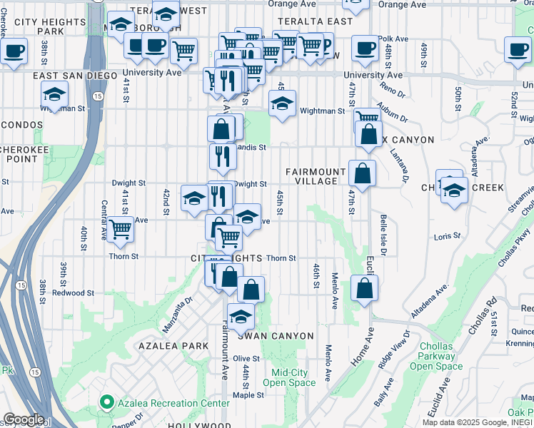 map of restaurants, bars, coffee shops, grocery stores, and more near 3504 Highland Avenue in San Diego
