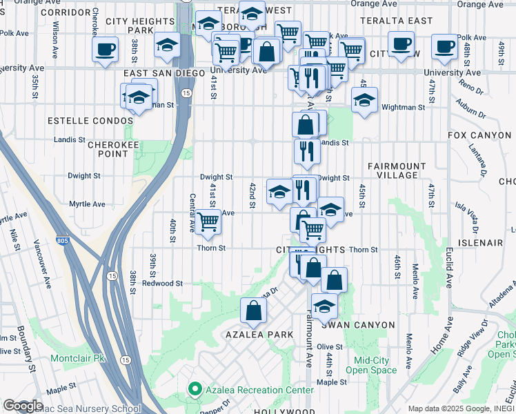 map of restaurants, bars, coffee shops, grocery stores, and more near 4271 Myrtle Avenue in San Diego