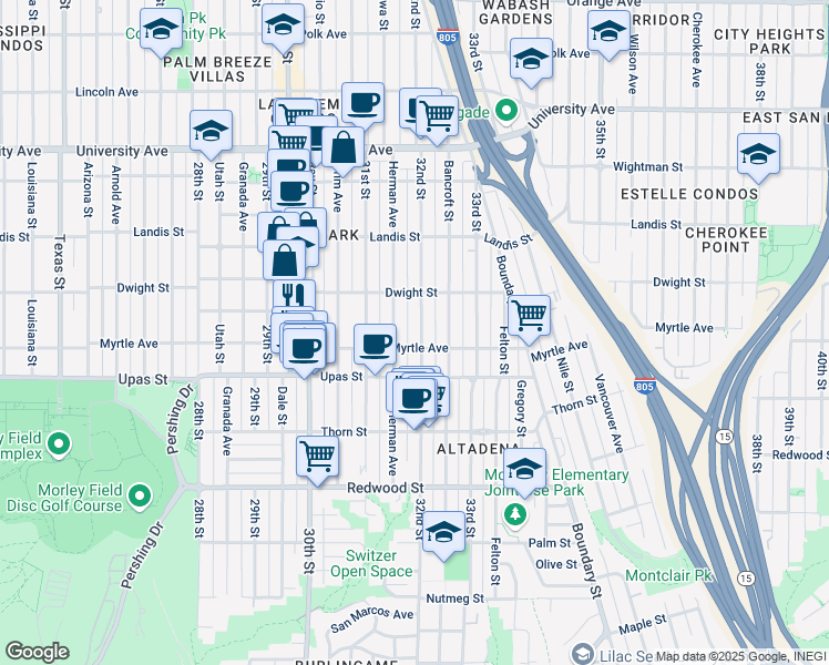 map of restaurants, bars, coffee shops, grocery stores, and more near 3501 Herman Avenue in San Diego