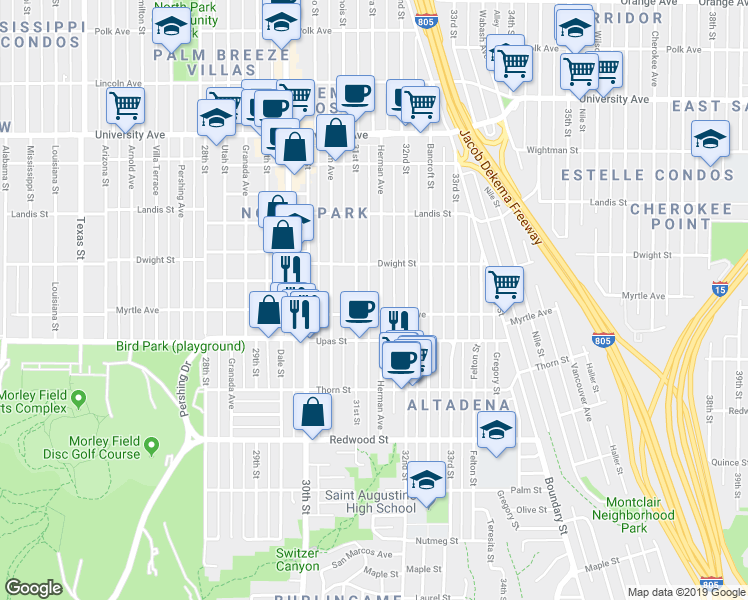 map of restaurants, bars, coffee shops, grocery stores, and more near 3501 Herman Avenue in San Diego