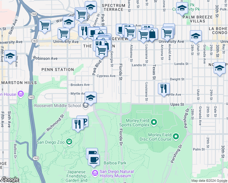 map of restaurants, bars, coffee shops, grocery stores, and more near 3440 Florida Street in San Diego