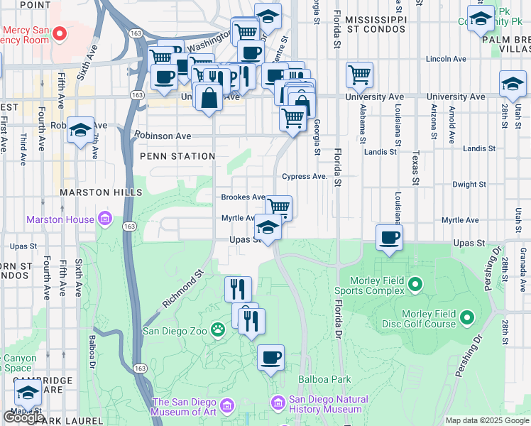 map of restaurants, bars, coffee shops, grocery stores, and more near 1625 Myrtle Avenue in San Diego