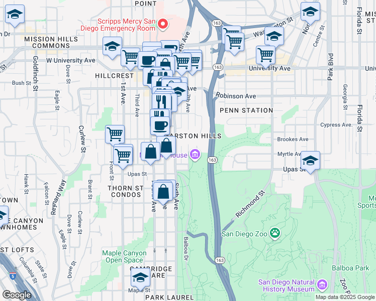 map of restaurants, bars, coffee shops, grocery stores, and more near in San Diego