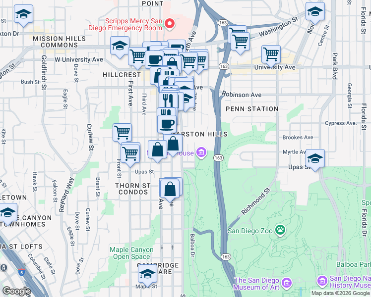 map of restaurants, bars, coffee shops, grocery stores, and more near in San Diego