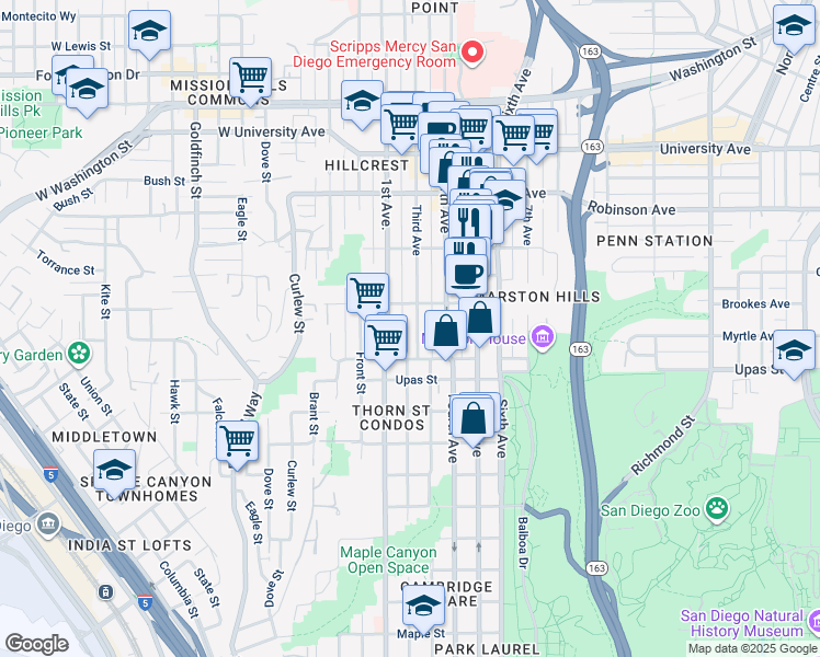 map of restaurants, bars, coffee shops, grocery stores, and more near 3531 1st Avenue in San Diego