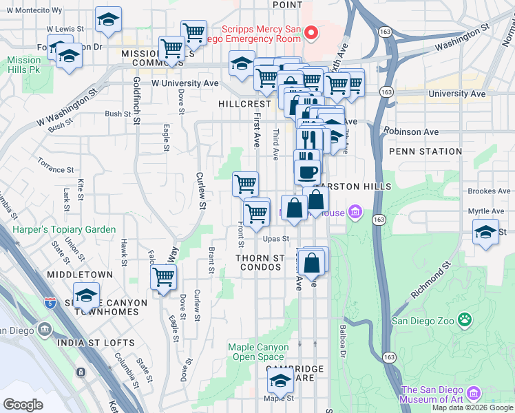 map of restaurants, bars, coffee shops, grocery stores, and more near 3533 First Avenue in San Diego