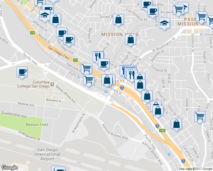 map of restaurants, bars, coffee shops, grocery stores, and more near in San Diego