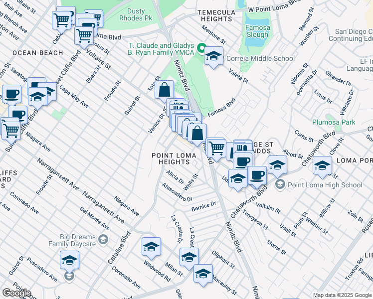 map of restaurants, bars, coffee shops, grocery stores, and more near 2151 San Clemente Street in San Diego