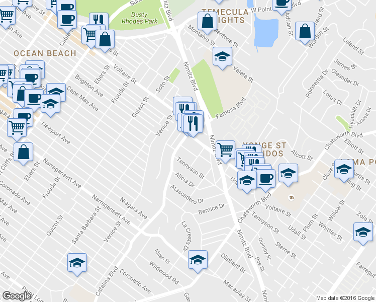 map of restaurants, bars, coffee shops, grocery stores, and more near in San Diego