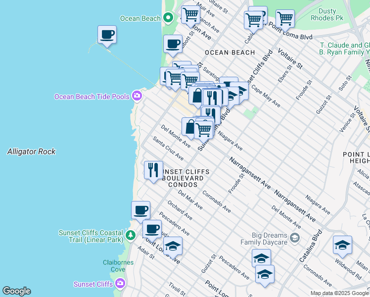 map of restaurants, bars, coffee shops, grocery stores, and more near 4817 Del Monte Avenue in San Diego