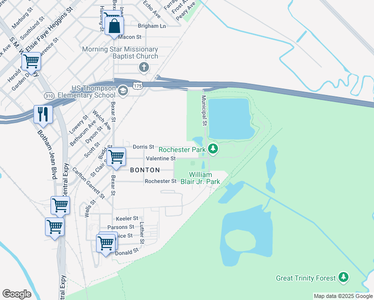map of restaurants, bars, coffee shops, grocery stores, and more near 3031 Valentine Street in Dallas