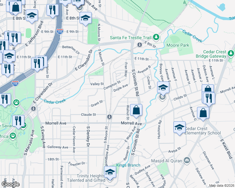 map of restaurants, bars, coffee shops, grocery stores, and more near 563 Woodbine Avenue in Dallas