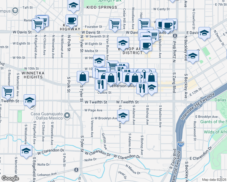 map of restaurants, bars, coffee shops, grocery stores, and more near 600 Centre Street in Dallas