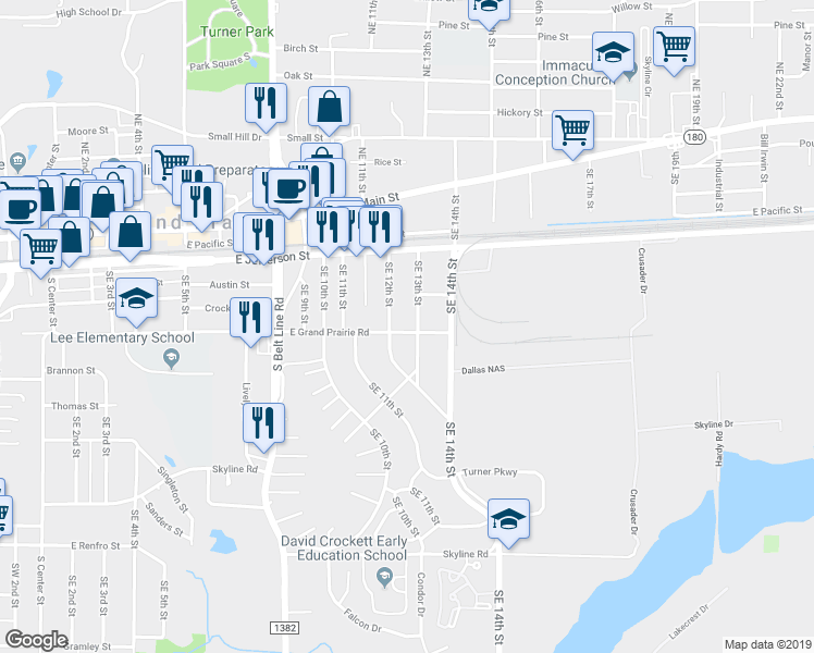 map of restaurants, bars, coffee shops, grocery stores, and more near 502 Southeast 12th Street in Grand Prairie
