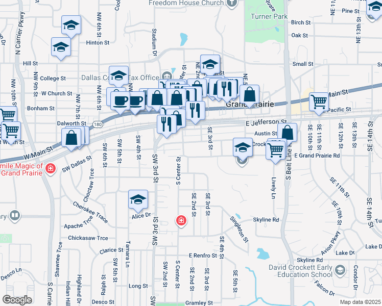 map of restaurants, bars, coffee shops, grocery stores, and more near 148 East Grand Prairie Road in Grand Prairie