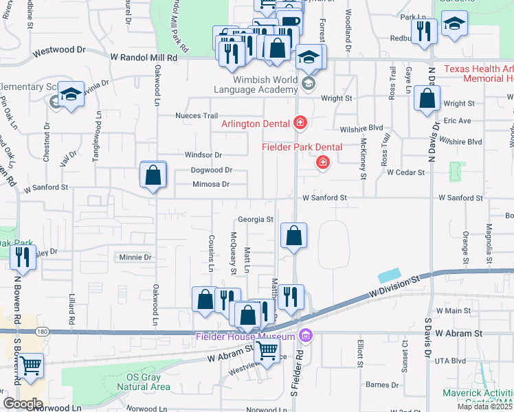 map of restaurants, bars, coffee shops, grocery stores, and more near 1717 Georgia Street in Arlington