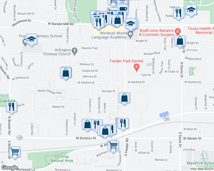map of restaurants, bars, coffee shops, grocery stores, and more near 1717 Georgia Street in Arlington