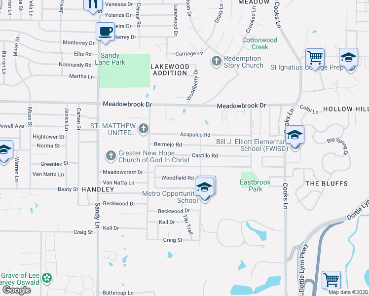 map of restaurants, bars, coffee shops, grocery stores, and more near 7621 Castillo Road in Fort Worth