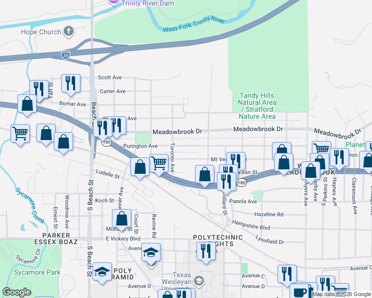 map of restaurants, bars, coffee shops, grocery stores, and more near 3105 Mount Vernon Avenue in Fort Worth