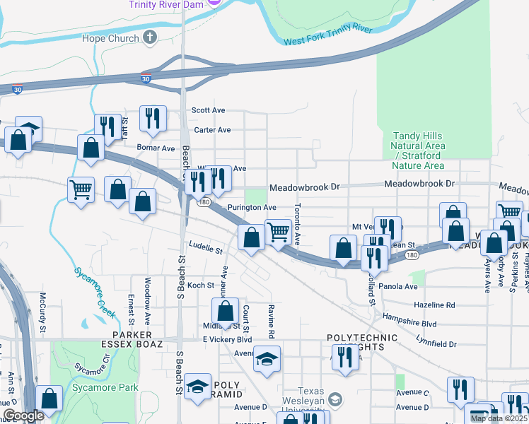 map of restaurants, bars, coffee shops, grocery stores, and more near 2903 Mount Vernon Avenue in Fort Worth