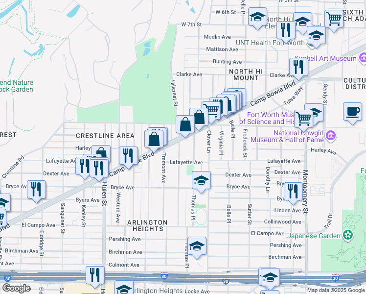 map of restaurants, bars, coffee shops, grocery stores, and more near 1828 Hillcrest Street in Fort Worth