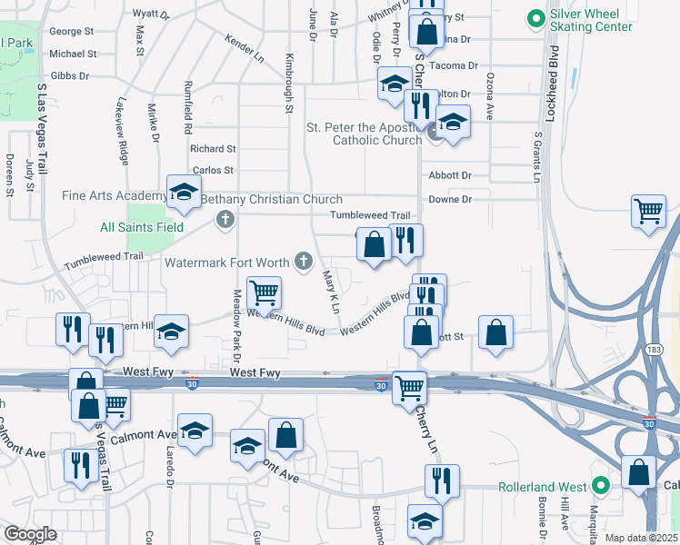 map of restaurants, bars, coffee shops, grocery stores, and more near 8001 Cambridge Circle in White Settlement