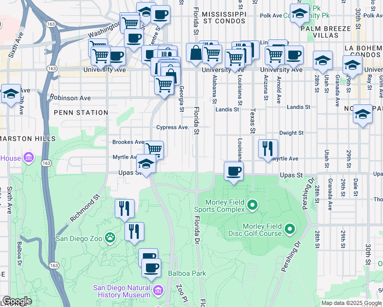 map of restaurants, bars, coffee shops, grocery stores, and more near 3440 Florida Street in San Diego