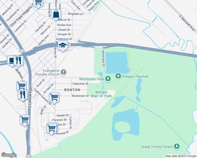 map of restaurants, bars, coffee shops, grocery stores, and more near 3044 Dorris Street in Dallas