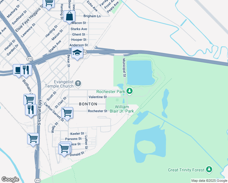 map of restaurants, bars, coffee shops, grocery stores, and more near 3028 Dorris Street in Dallas
