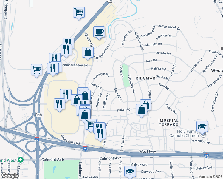 map of restaurants, bars, coffee shops, grocery stores, and more near 1704 Ems Road West in Fort Worth