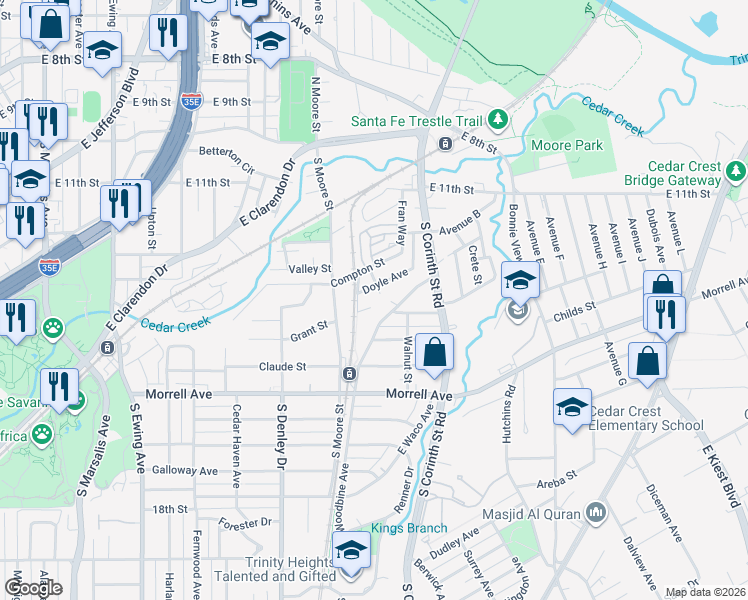 map of restaurants, bars, coffee shops, grocery stores, and more near 563 Woodbine Avenue in Dallas