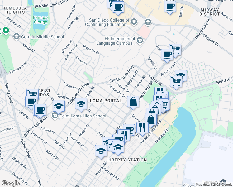 map of restaurants, bars, coffee shops, grocery stores, and more near 3217 Goldsmith Street in San Diego