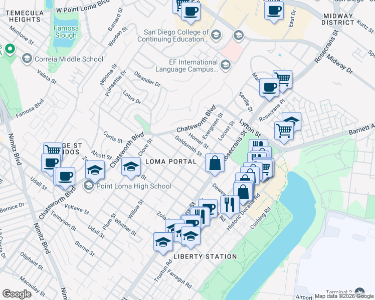 map of restaurants, bars, coffee shops, grocery stores, and more near 3217 Goldsmith Street in San Diego