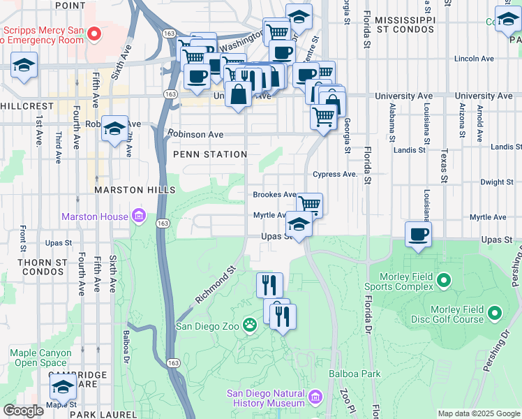 map of restaurants, bars, coffee shops, grocery stores, and more near 3443 Albert Street in San Diego