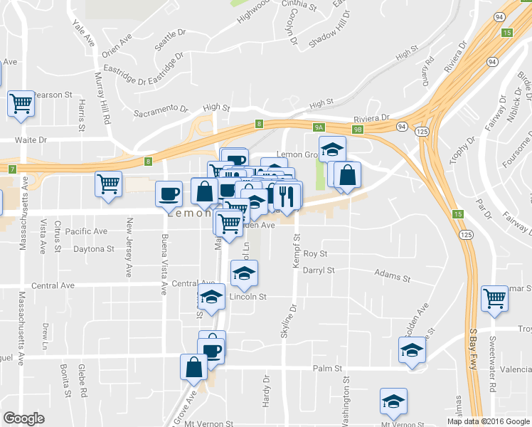 map of restaurants, bars, coffee shops, grocery stores, and more near 7941 Broadway in Lemon Grove