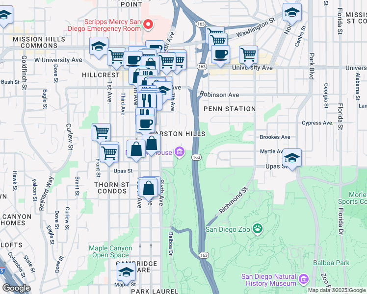 map of restaurants, bars, coffee shops, grocery stores, and more near 3525 7th Avenue in San Diego