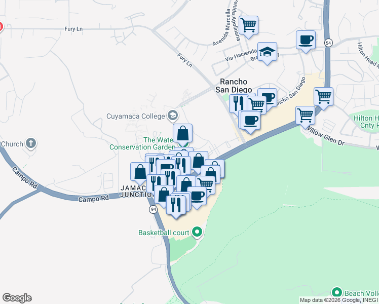 map of restaurants, bars, coffee shops, grocery stores, and more near 12122 Cuyamaca College Drive West in El Cajon