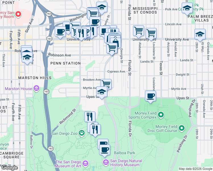 map of restaurants, bars, coffee shops, grocery stores, and more near 1717 Myrtle Avenue in San Diego