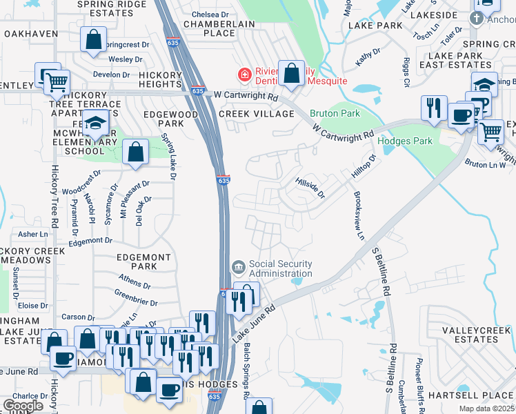 map of restaurants, bars, coffee shops, grocery stores, and more near in Balch Springs