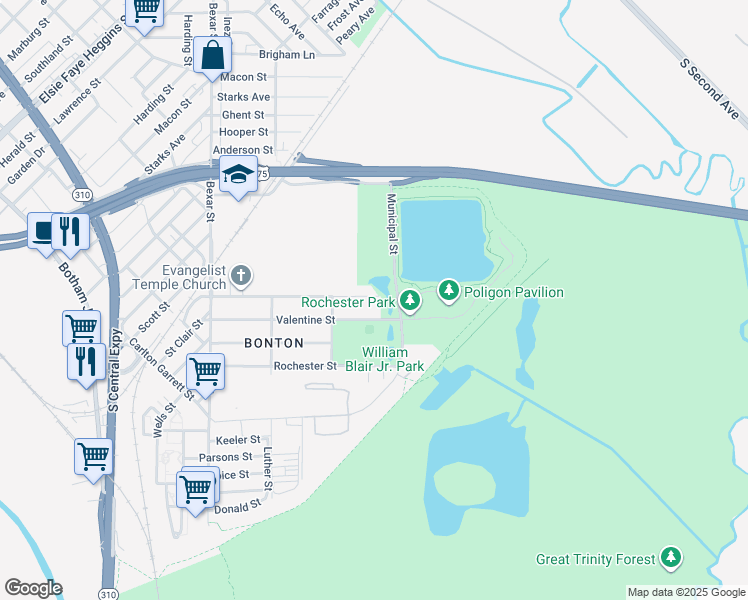 map of restaurants, bars, coffee shops, grocery stores, and more near 3044 Dorris Street in Dallas