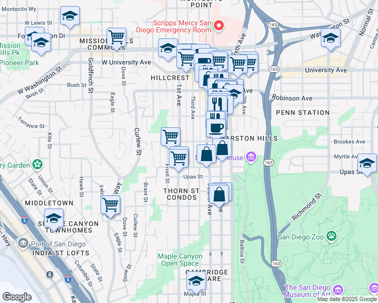 map of restaurants, bars, coffee shops, grocery stores, and more near 3531 1st Avenue in San Diego