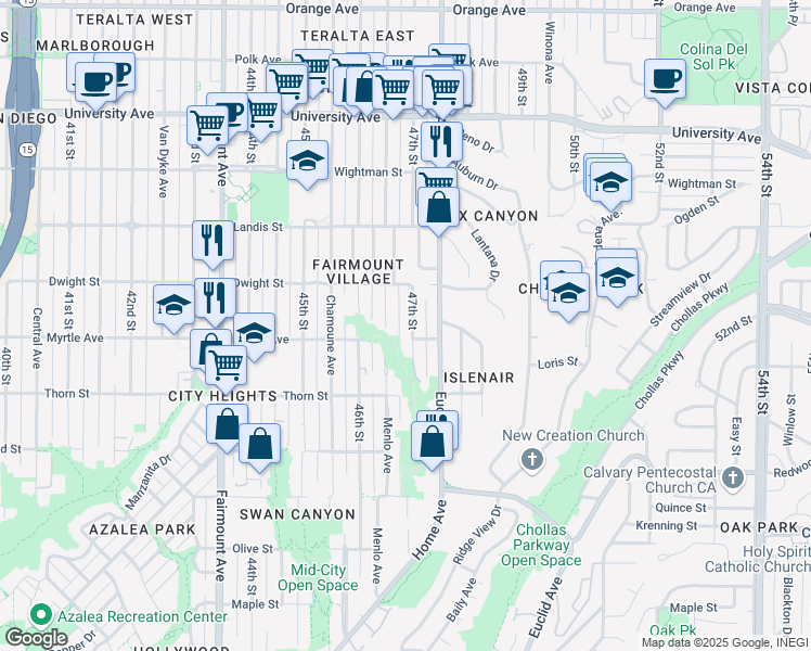 map of restaurants, bars, coffee shops, grocery stores, and more near 3441 47th Street in San Diego