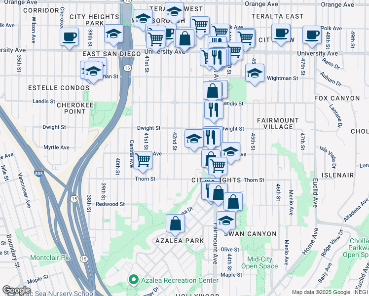 map of restaurants, bars, coffee shops, grocery stores, and more near 4271 Myrtle Avenue in San Diego