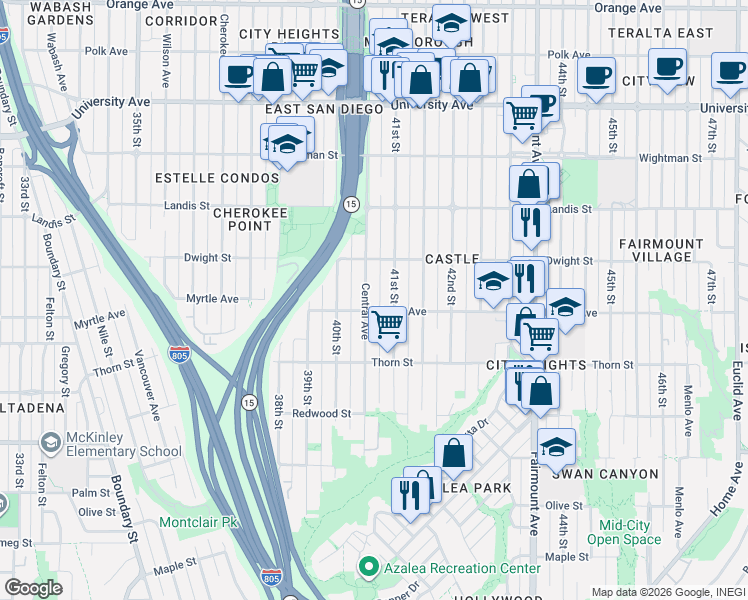map of restaurants, bars, coffee shops, grocery stores, and more near 3445 Central Avenue in San Diego