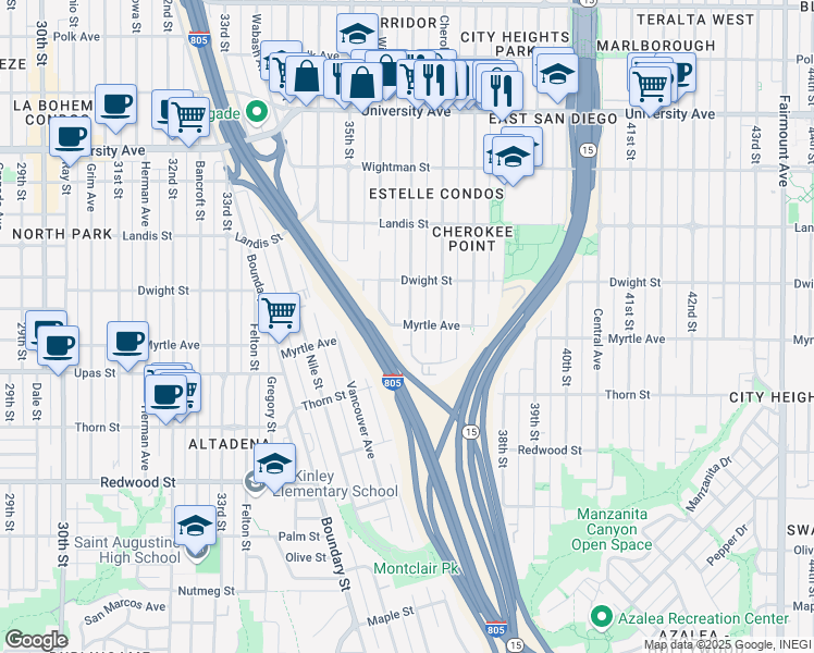 map of restaurants, bars, coffee shops, grocery stores, and more near 3421 36th Street in San Diego