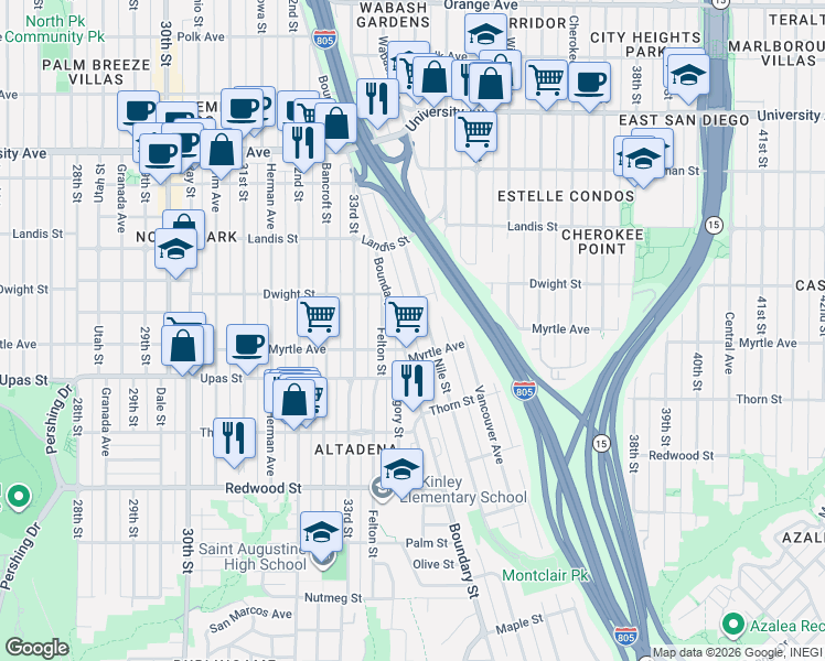 map of restaurants, bars, coffee shops, grocery stores, and more near 3502 Nile Street in San Diego