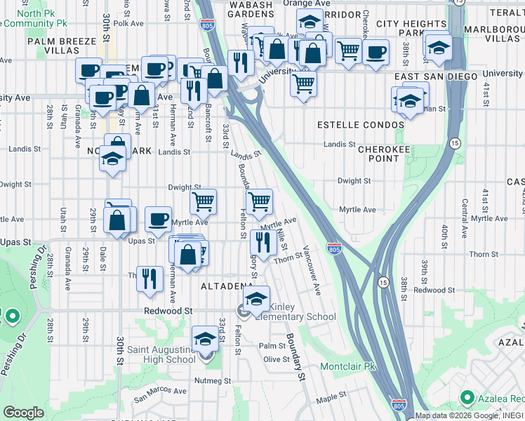 map of restaurants, bars, coffee shops, grocery stores, and more near 3502 Nile Street in San Diego